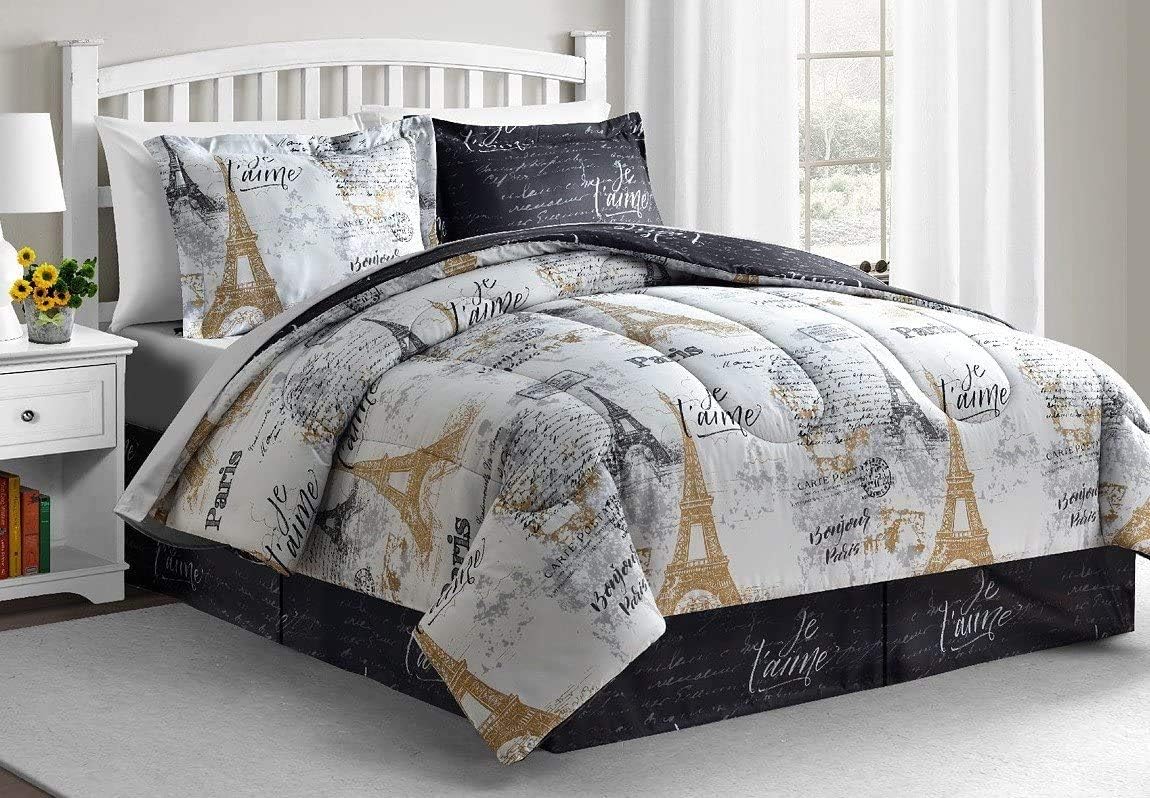 Paris Gold 8-Pc Full Size. Reversible Comforter Set Black and White Reversible 8 Piece Bed in a Bag Eiffel Tower Gold Design