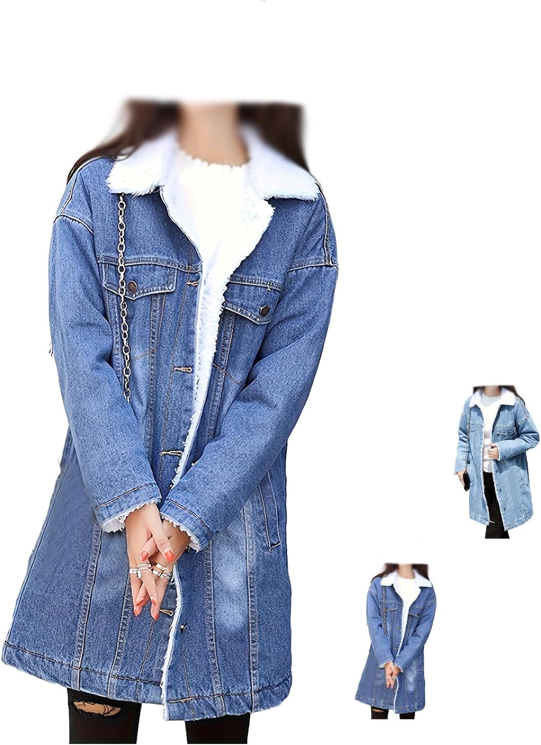 Long Denim Jacket for Women Sherpa Lined Winter Warm Jean Jacket with Fur Hood Faux Shearling Lined Jean Coat Plus Size