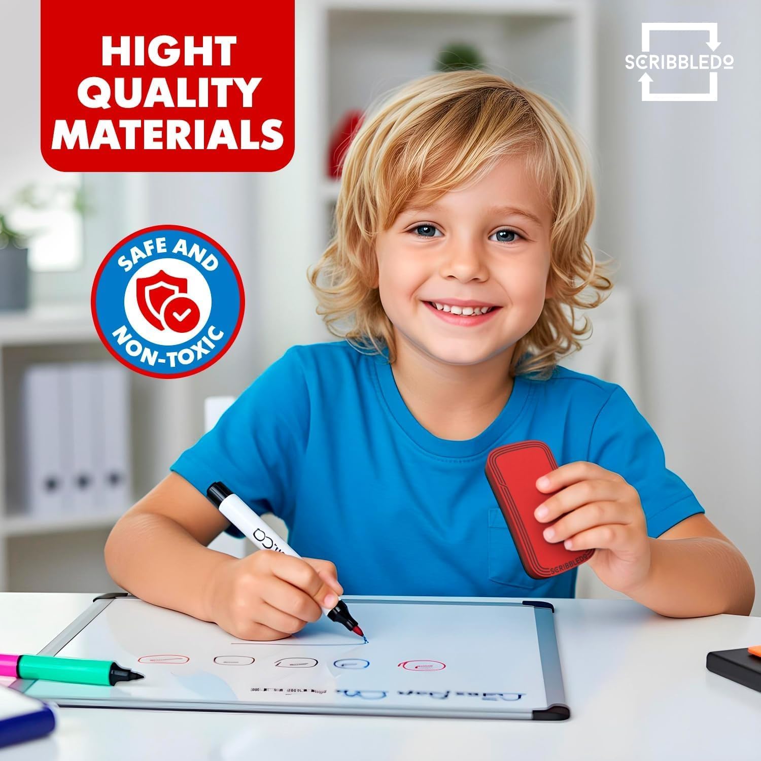 SCRIBBLEDO Magnetic Dry Erase Erasers 2 Pack, Red and Blue, 2x4 Inch Whiteboard Eraser Set with Washable Soft Felt Pads, Comfortable Foam Grip Tops and Strong Dual Magnets for Office and Classroom