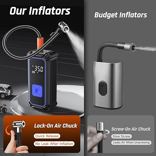 Miniatura 7 de OlarHike Inflador de neumáticos inalámbrico, compresor de aire portátil, 150 PSI de doble potencia, 5400 mAh y 12 V CC, bomba de aire para