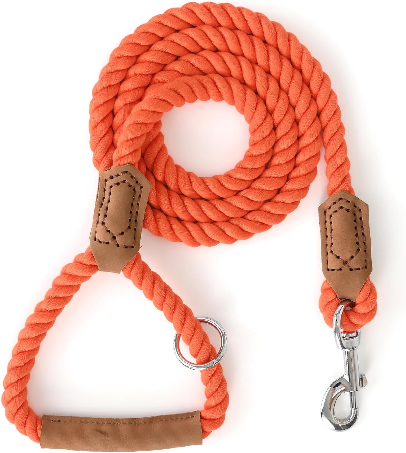 Mile High Life Dog Leash, Braided Cotton Rope Leashes with Leather Handle - Heavy Duty Metal Clasp, 6FT, 1/2" Thick - Wedding, Walking & Training Leash for Medium Large Dogs (Orangeade)