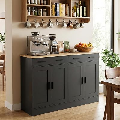 Anystyle 53" Black Buffet Cabinet with Storage, Kitchen Sideboard Buffet Server with 2 Drawers & 4 Doors, Modern Coffee Bar Cabinet Credenza for Dining Room, Living Room, Hallway