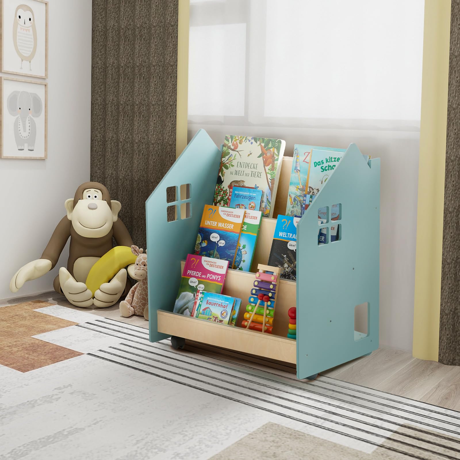 Bücherregal Kinder mit Tafel & Rollen, Montessori Kinderregal Kinderbücherregal mit 3 Fächern, Spielzeug Aufbewahrung Bücher Regal Kinderzimmer, Spielzeugregal Aufbewahrungsregal aus Holz