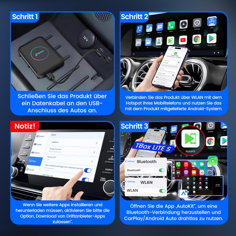 CarlinKit Neue AIBOX-Lite Multimedia-Box, 3 in 1 System Android unabhängiges System/Wireless CarPlay/Wireless Android Auto, geeignet für Fahrzeuge mit kabelgebundenem CarPlay/Android Auto