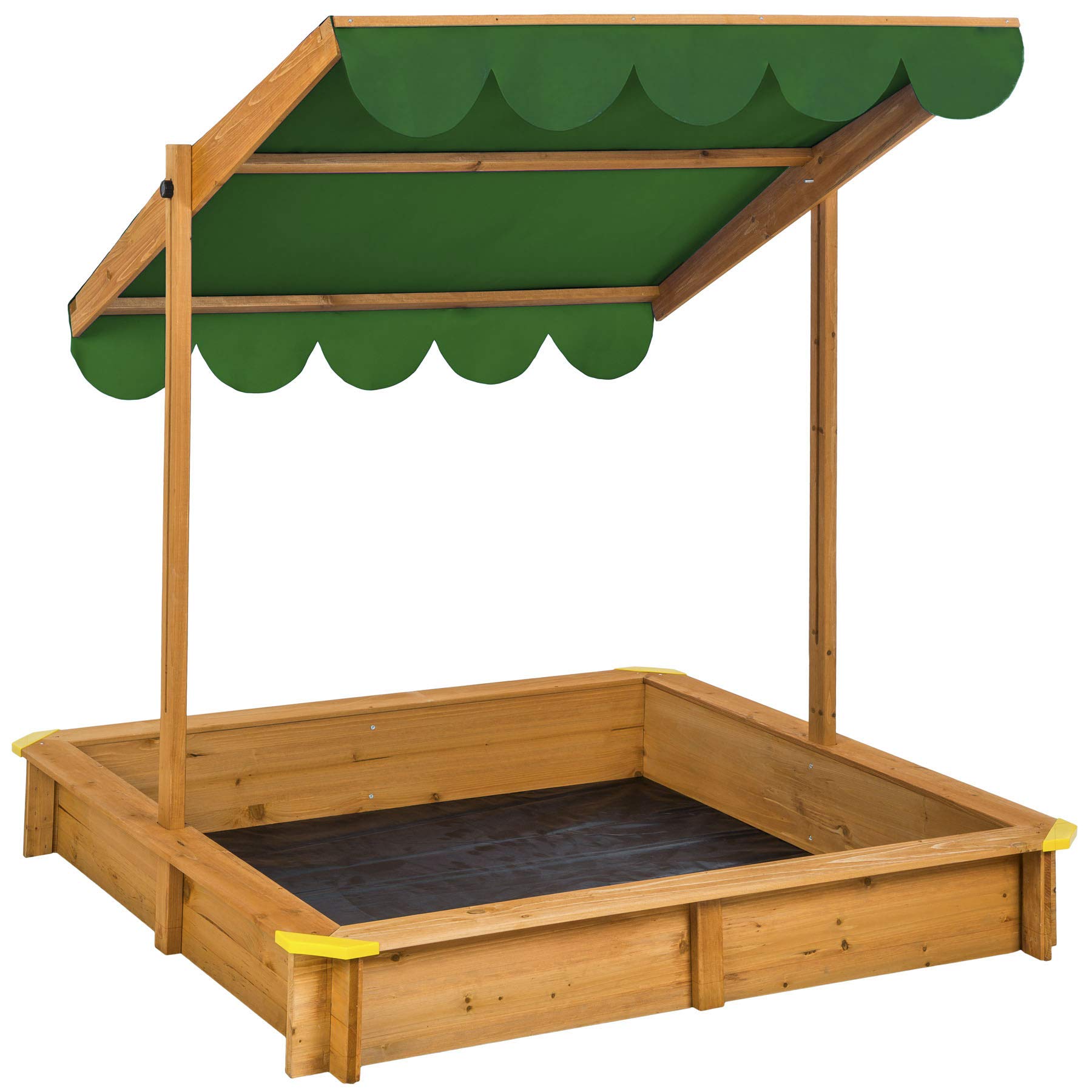 tectake 801084 Sandkasten mit Dach, 120 x 120 x 120 cm, Sandkiste aus Holz mit praktischem Sitzflächenrand, schwenkbares und höhenverstellbares Sonnendach, inkl. Bodenplane (Grün | Nr. 404569)