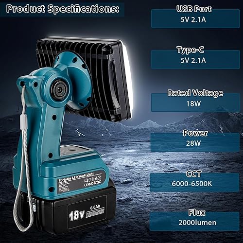 Miniatura 4 de Luz de trabajo para batería de litio Mkita de 18 V, luz de trabajo LED de 28 W, luz de trabajo recargable, luz de trabajo al aire libre, reflector