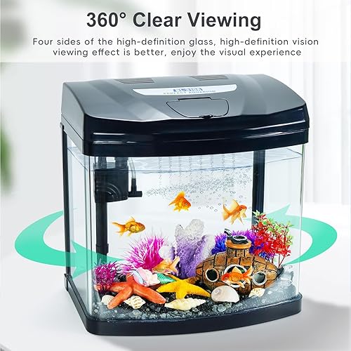 Miniatura 3 de Bluecoco Kit de inicio de acuario de vidrio de 3 galones con puerto de alimentación abatible para peces Betta visión cristalina de 360, filtración