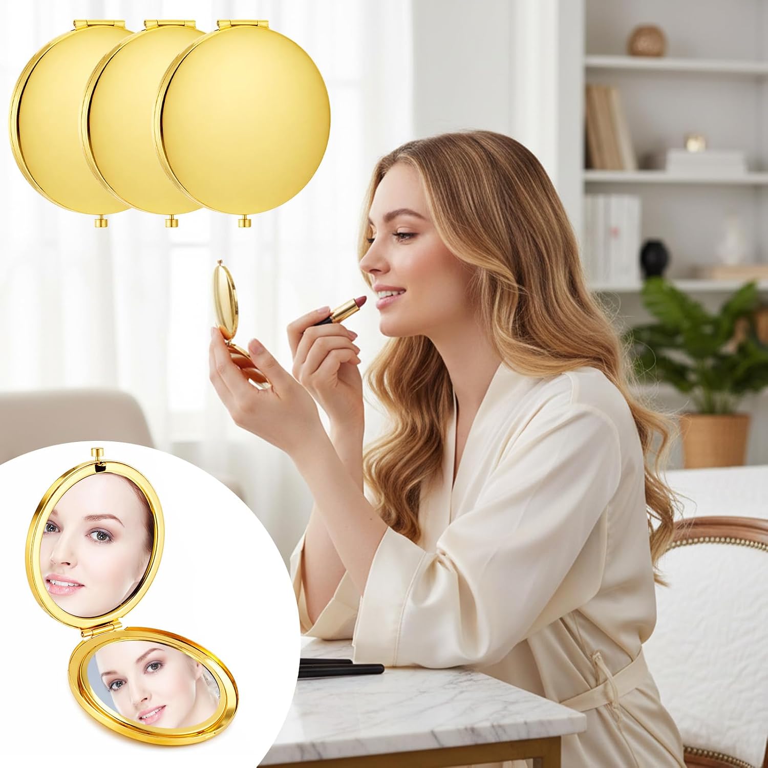 12 Pcs Gold Compact Mirror Bulk, 2.76 Inch Double Sided 1x/2x Magnification, Metal Round Shell Portable Folding Mini Travel Pocket Mirror (Gold)