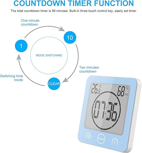 Miniatura 5 de Reloj de ducha impermeable, reloj de pared para baño, campana solar, pantalla digital de temperatura y humedad con ventosa, temporizador de pantalla