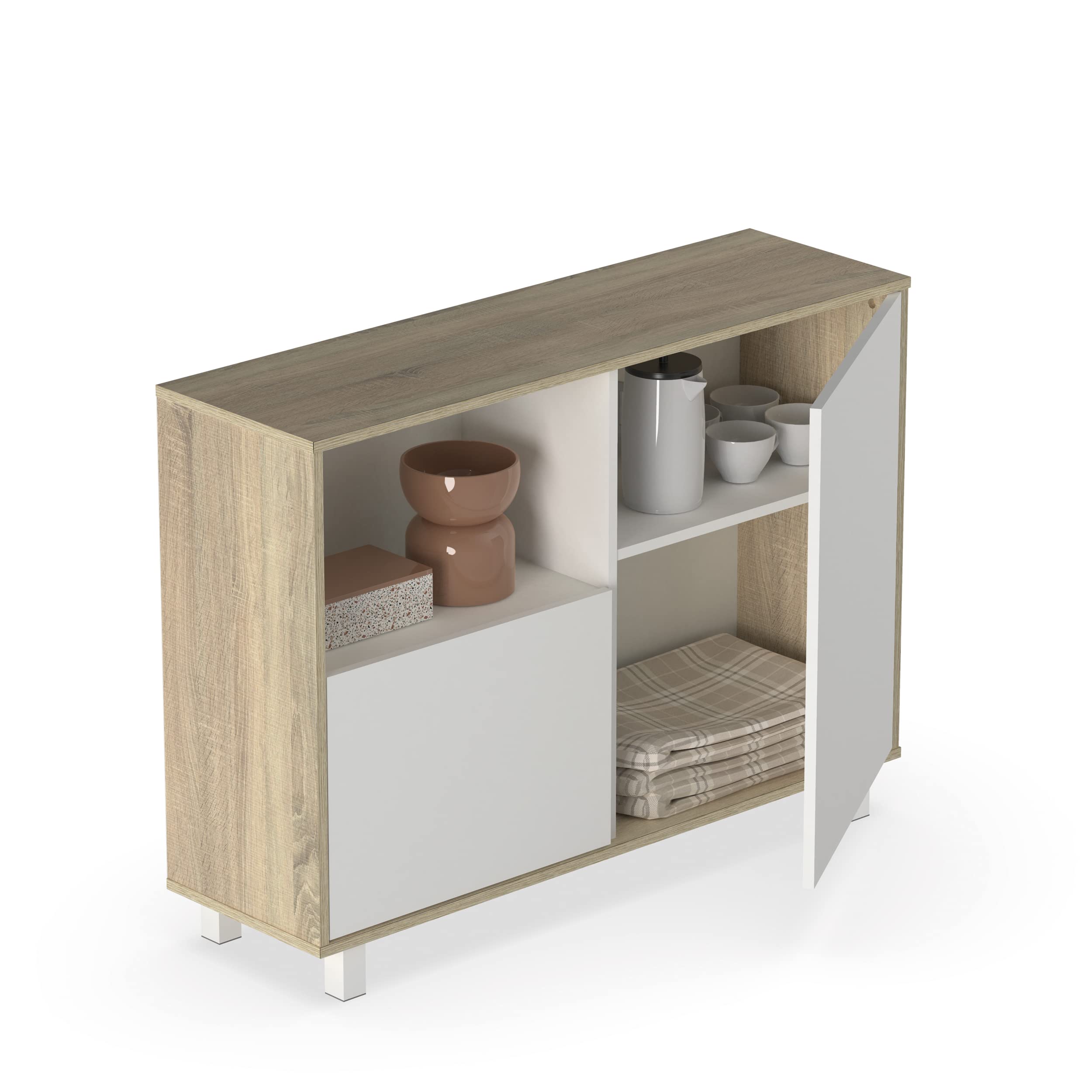MUEBLES PITARCH | Aparador Salón Comedor, Buffet, Mueble Auxiliar, 2 Puertas y 1 Hueco, con Patas, Blanco y Roble Cambrian, 82,5x112x33cm, Recibidor Moderno, Colección Tibet