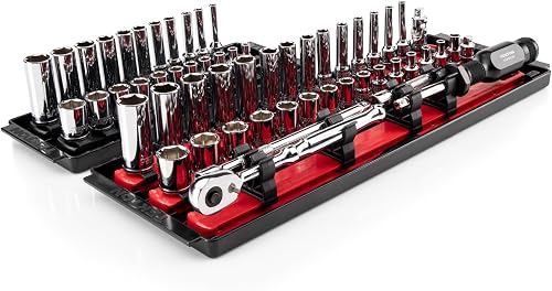 TEKTON 1/4 Inch Drive 6-Point Socket and Ratchet Set with Rails, 57-Piece (5/32-9/16 in, 4-15 mm) | SKT03301