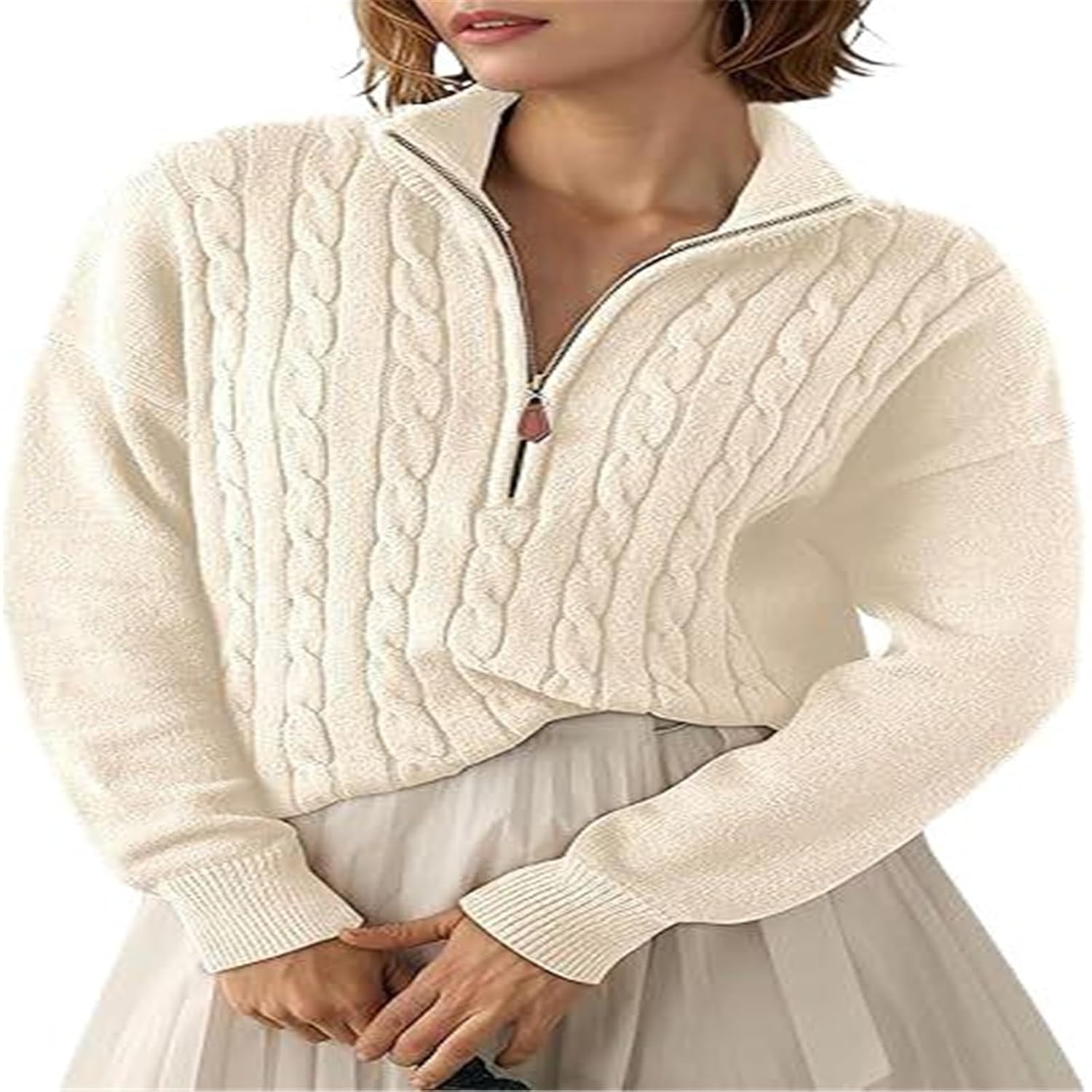 Womens Knit Sweater Autumn Winter Mock Neck Zipper Casual Commuter Pullover Top