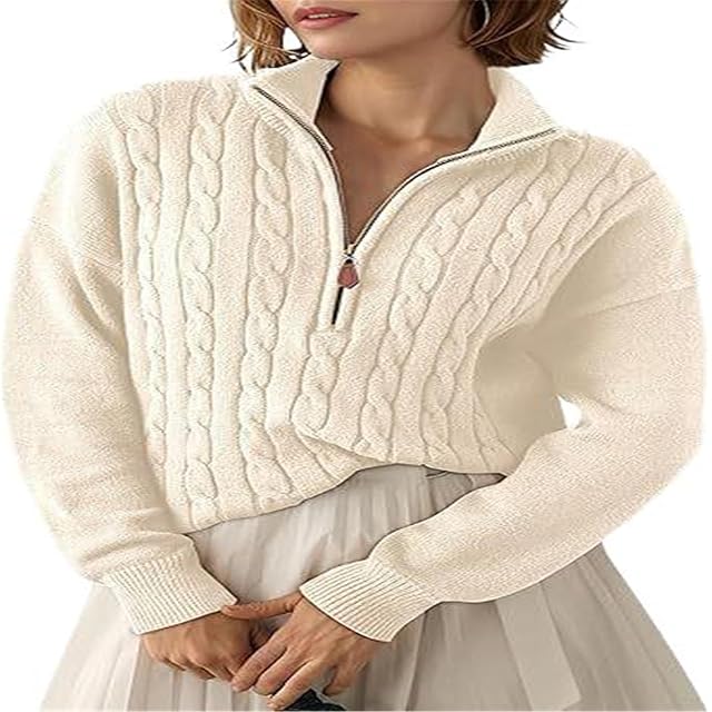 Womens Knit Sweater Autumn Winter Mock Neck Zipper Casual Commuter Pullover Top