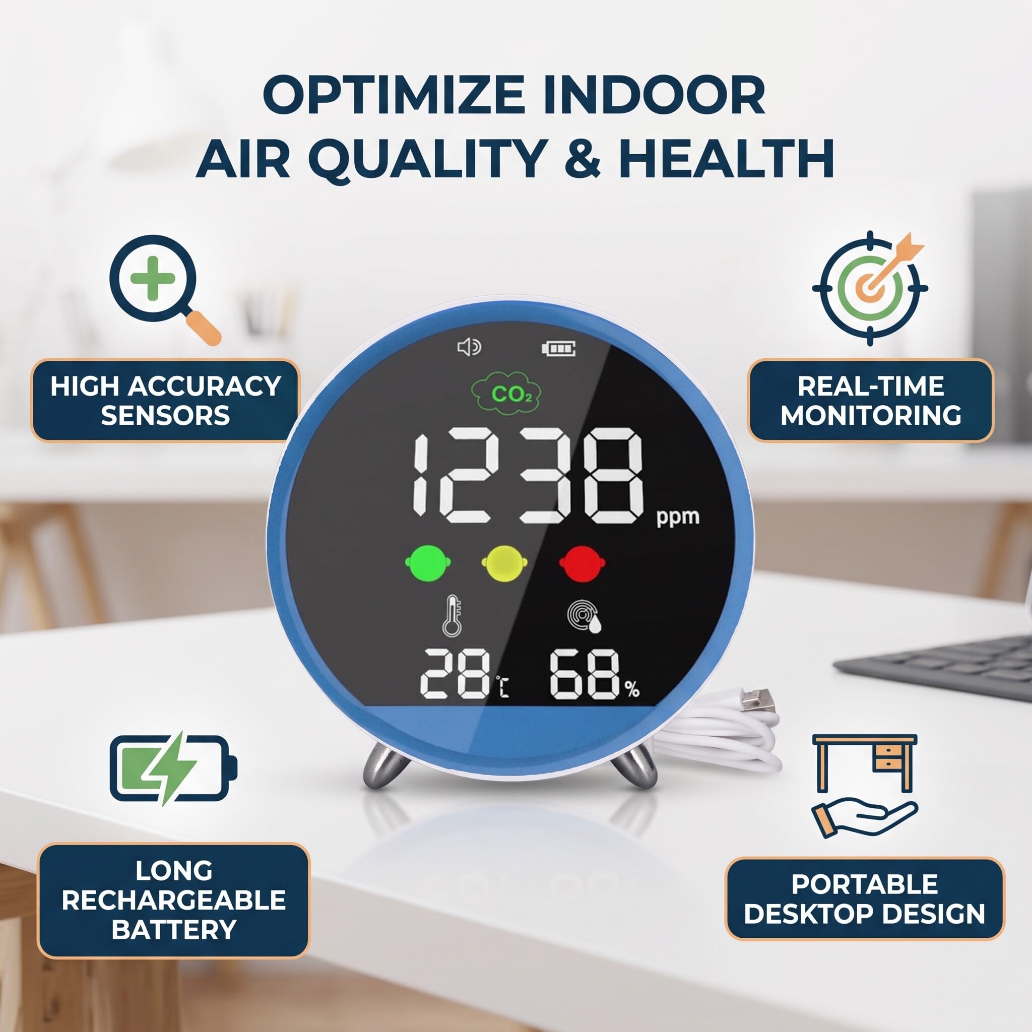 Detector de CO2, Probador de CO2 para Interiores de Alta Precisión, Pantalla de Temperatura y Humedad, Muestreo de 1,5 S, Portátil para el Hogar, Oficina, Aula, Viajes Al Aire