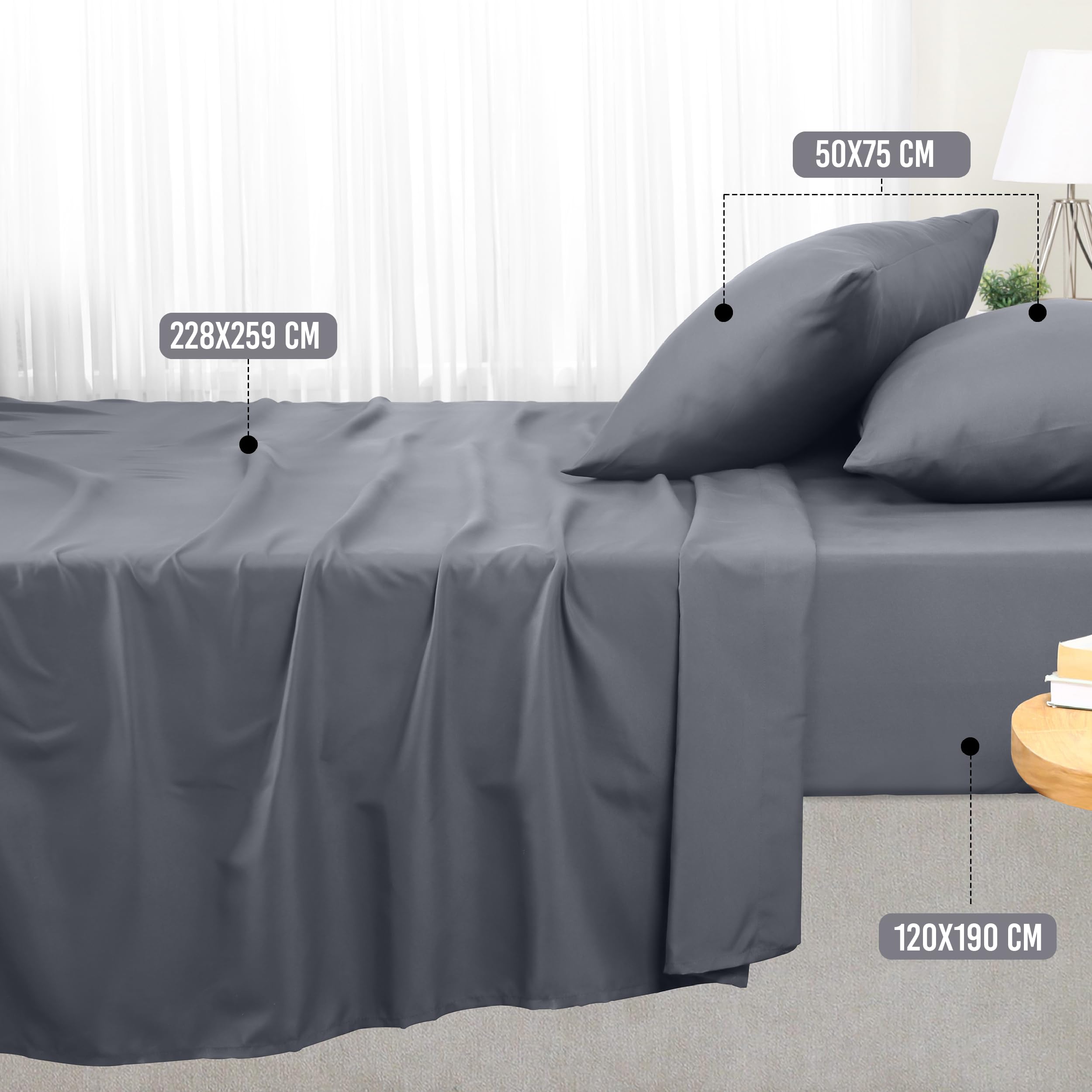Utopia Bedding - Set Lenzuola Letto Una Piazza e Mezza 4 Pezzi 120x190 cm - Spazzolata Poliestre di Microfibra - Oeko-Tex Certificato - Lenzuolo con Angoli, Lenzuolo Piatto e 2 Federe 50x75, Grigio