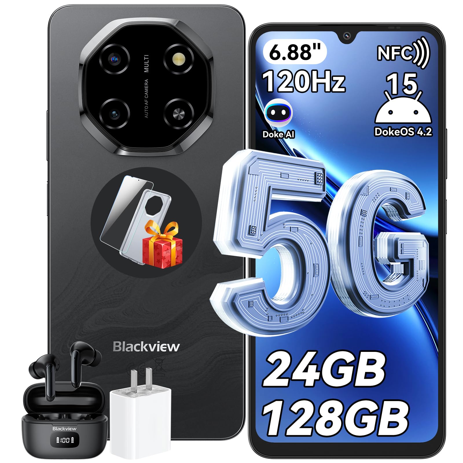 Blackview Shark 6 Smartphone 5G, Telefono Cellulare 6.88'' HD 120Hz, Android 15, Unisoc T8100, 24GB+128GB/2TB TF, 5000mAh, 16MP+8MP, 5G Dual SIM/OTG/NFC/Face ID/Fingerprint