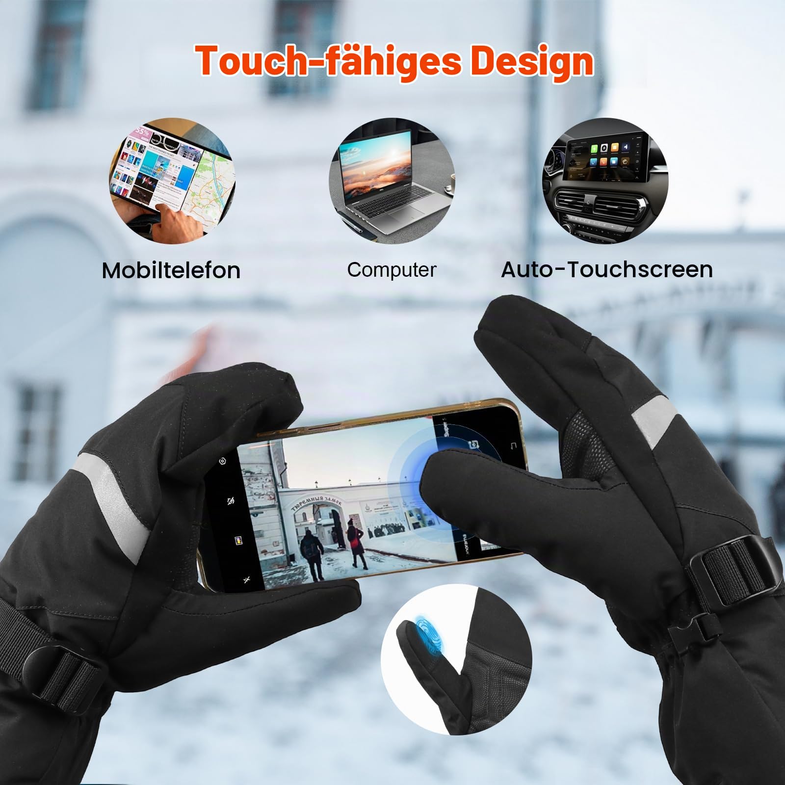 Elektrisch Beheizbare Handschuhe mit 3000mAh Akku, Touchscreen Fingerspitzen Beheizte Handschuhe für Damen Herren, 3 Wärmestufe, Wasserdicht, C