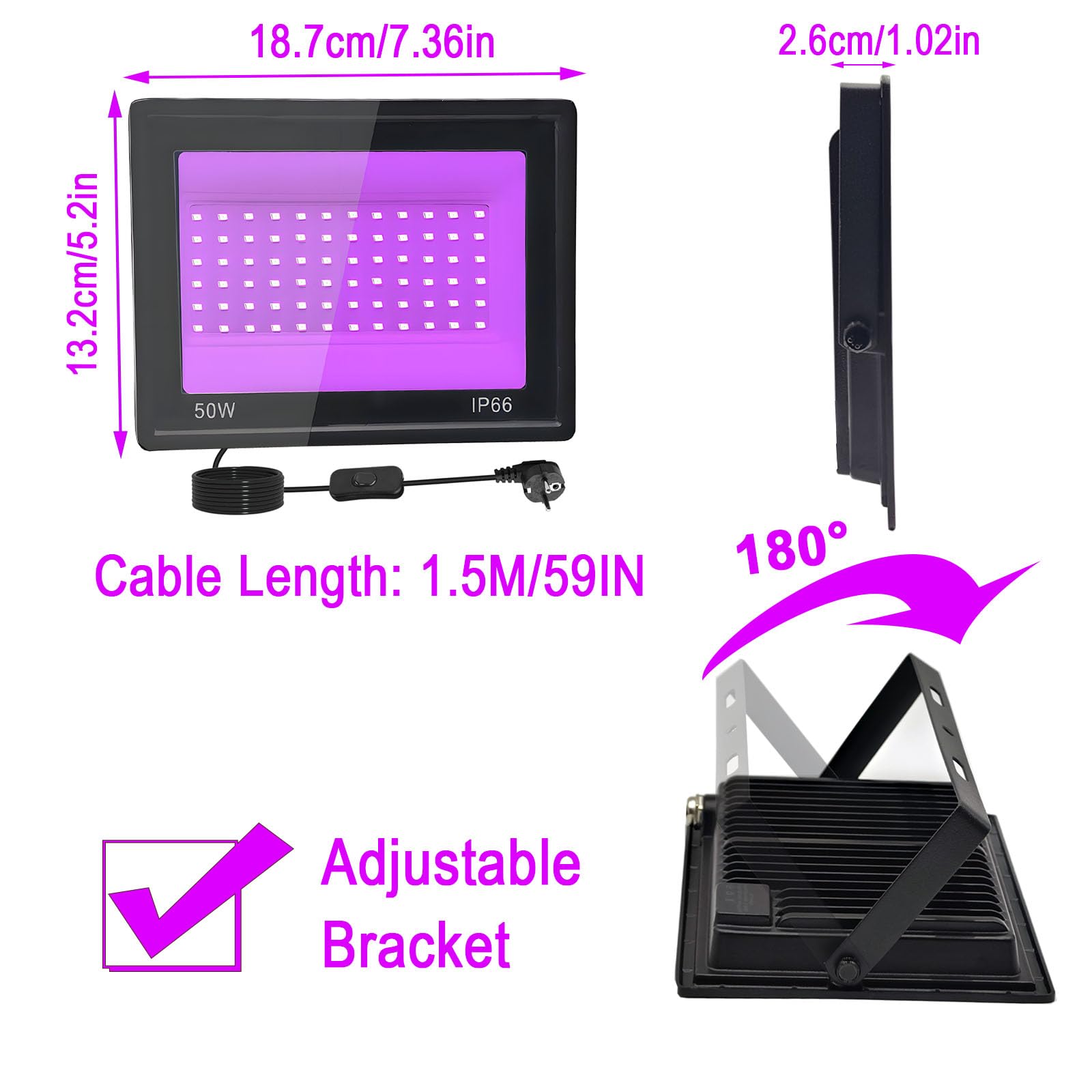 2 Stück 50W LED Schwarzlicht Strahler, IP66 UV Schwarzlicht Fluter, 395-400nm LED UV Strahler, UV Licht mit Schalter für Halloween Dekorationen, Party Deko, Weihnachten, Neon Glühparty, Körperbemalung