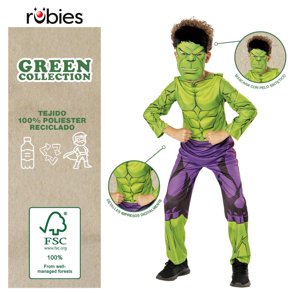 Rubies Costume Hulk per Ragazzi, Tuta Stampata e Maschera con Capelli, Marvel Ufficiale, Green Collection Costumi Sostenibili per Halloween, Natale, Carnevale e Compleanni