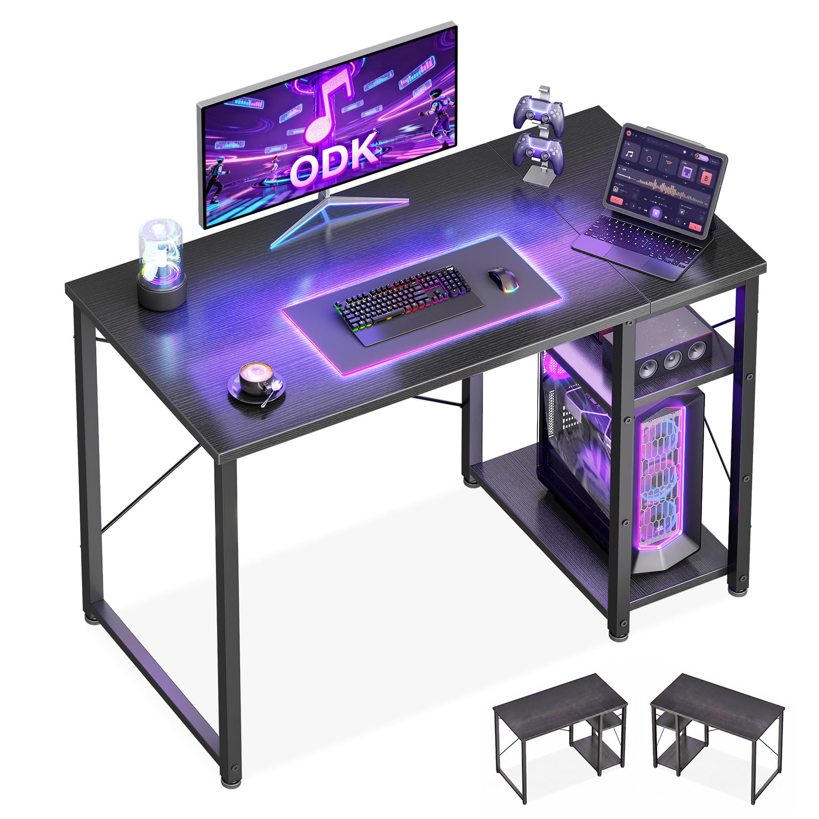 ODK Biurko gamingowe, 100x48 cm Biurko komputerowe z regulowaną półką w górę i w dół oraz odwracalną, Stabilny stół dla graczy e-sport, pracy zdalnej i nauki, Czarny | Biurko komputerowe z regulowaną i odwracalną półką, stół komputerowy ze schowkiem na PC