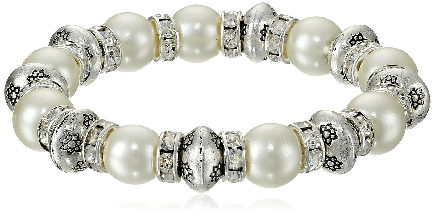 Lureme Cream Freshwater Pearl Crystal Accent Etched Silver Tone Bead Stretch Bracelet for Women 600130*