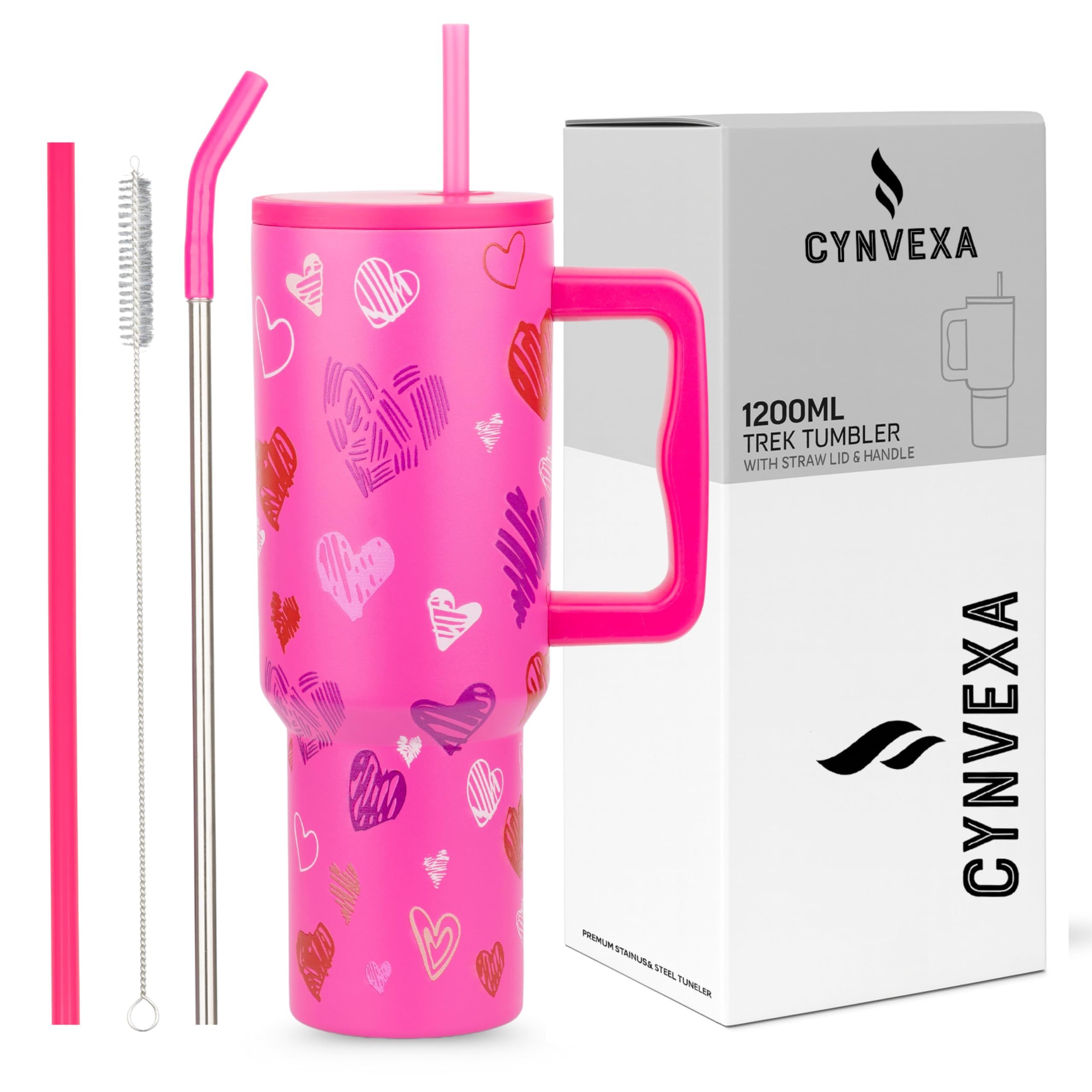 CYNVEXA Tumbler with lid and Straw 1200ML Cup Stainless Steel Vacuum Insulated Tumbler for Water, Iced Tea or Coffee 1.2L Office Gym Travelling (Dark Pink Heart)