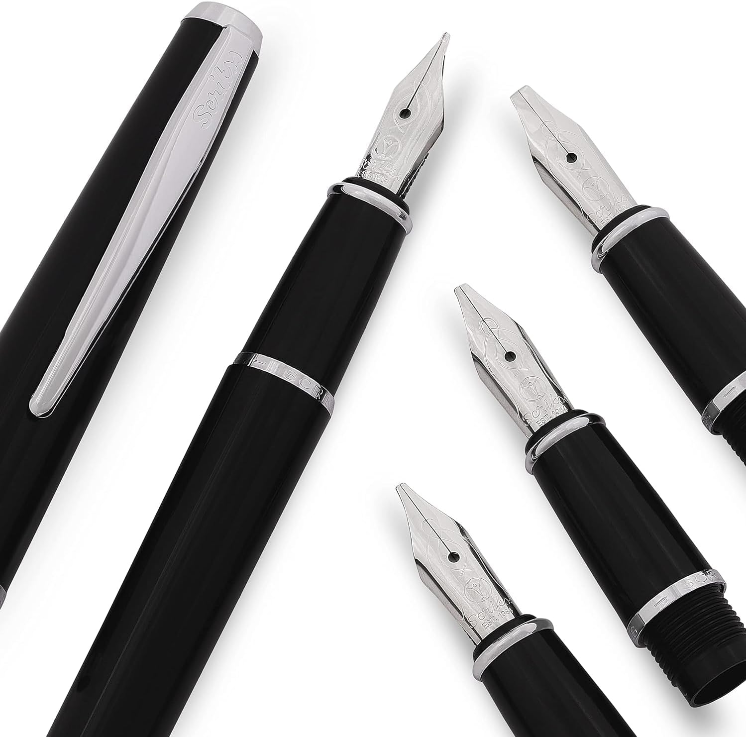 Black Calligraphy Pen Set With Medium 1.1mm 1.5mm 2.3mm Nib Chrome Trim Clip, Converter and 6 Black Ink Cartridges, Body & Cap Made Of Acrylic Carbon Fiber