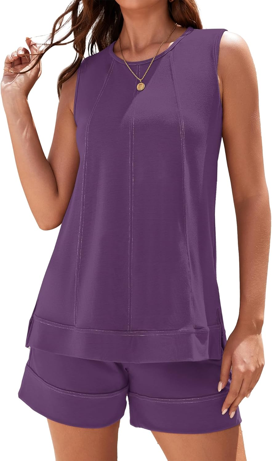 Rapbin Women Two Piece Short Set Drawstring Elastic Waist Pants Round Neck Tank Tops Comfy Sweatsuit Soft Sleepwear - Image 2