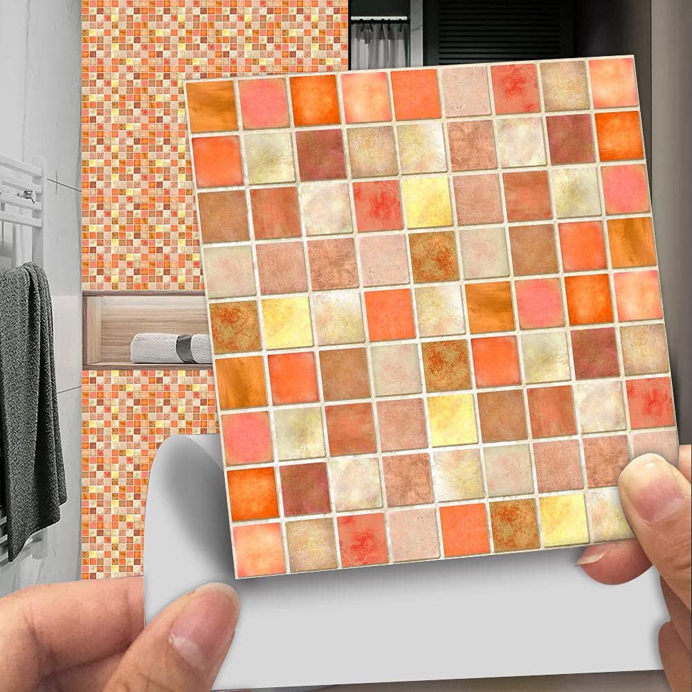 Stylish Tile Stickers 10cm x 10cm Orange Stick on Tiles Kitchen Splashback Peel and Stick Floor Tiles 3D Self Adhesive Kitchen Wall Tile Stickers DIY Art Home Decorations(10 Pcs)