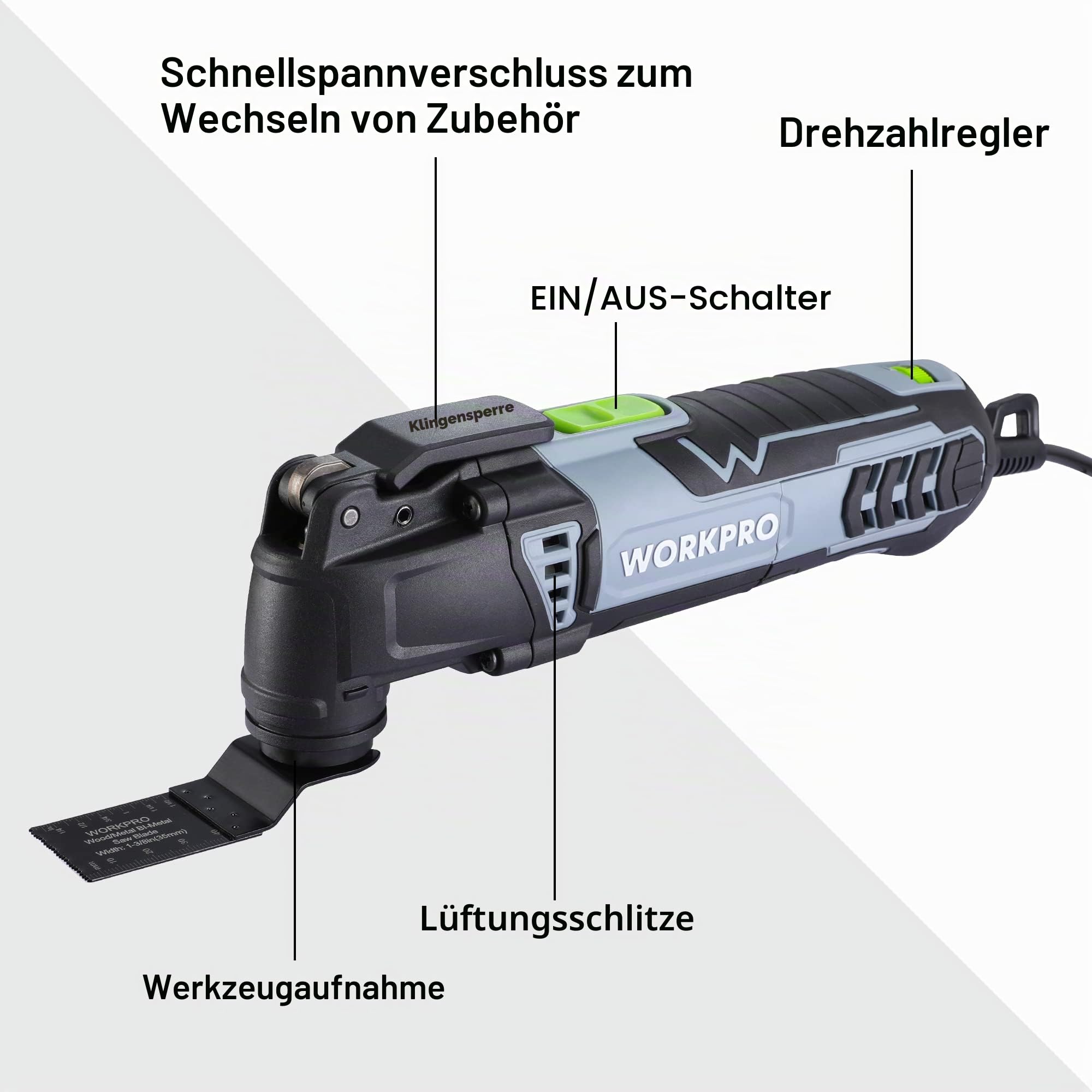 WORKPRO 300W Multifunktionswerkzeug, Oszillierende Säge mit 17 Zubehör und Aufbewahrungstasche, 7 Drehzahl 15000-23000 rpm Oszillationswerkzeug Oszillierer zum Trennen, Schleifen und Schaben