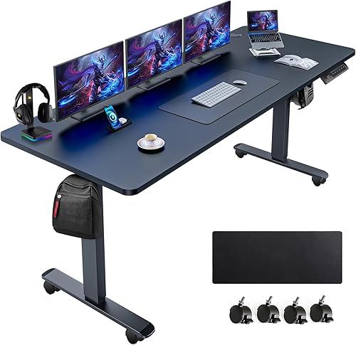 Vista 56 de farexon Escritorio eléctrico de pie de altura ajustable, escritorio de pie de 55 x 24 pulgadas con alfombrilla grande para el mouse, doble gancho