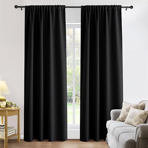 PONY DANCE - Cortinas opacas negras con bolsillo para barra, aislamiento térmico, oscurecimiento de habitación, ahorro de energía para dormitorio,