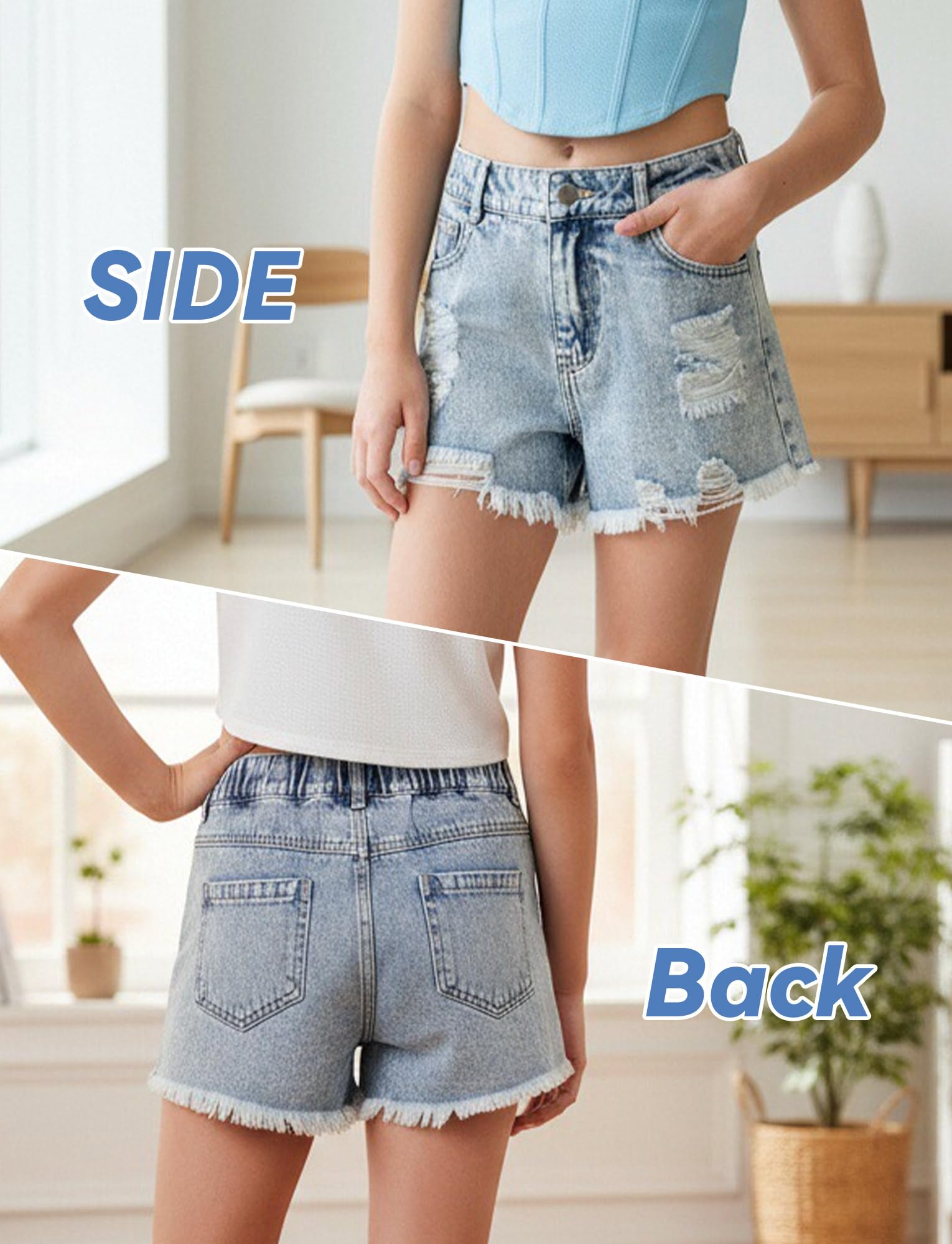 SEAUR Shorts en Jean Fille 1/2 Taille Élastique Décontracté Denim Short D'été pour Enfant 8 à 12 Ans