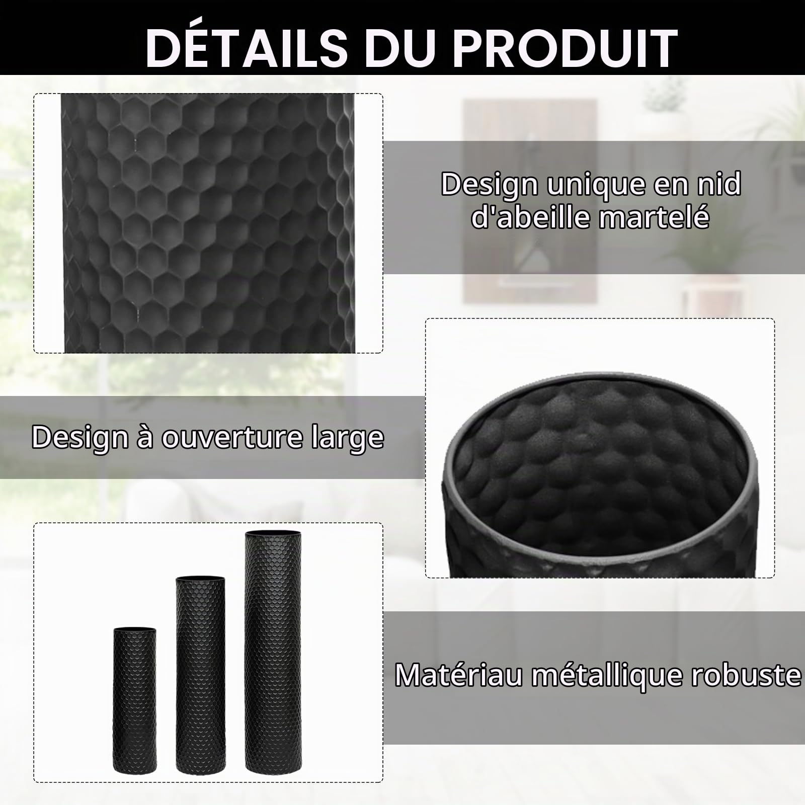 Grande Noir Vase Au Sol, 70/55/40 cm Métal Haut Vases Set de 3, Moderne Texture Nid d'abeille Grandes Vase Au Sol pour Salon Salle À Manger Chambre À Coucher Couloir