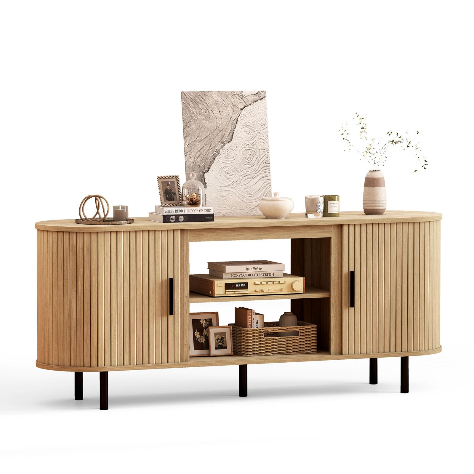 Quiniver 65" Curved Fluted TV Stand Sliding Door Media Unit for Up To 75"