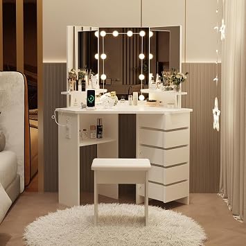 Vanity Desk with Mirror and Light, Makeup Vanity Desk with Power Strip, and 5 Rotating Drawers, 3 Color Lighting, Adjustable Brightness, Shelves and Stool, Corner Dressing Table for Women Girls