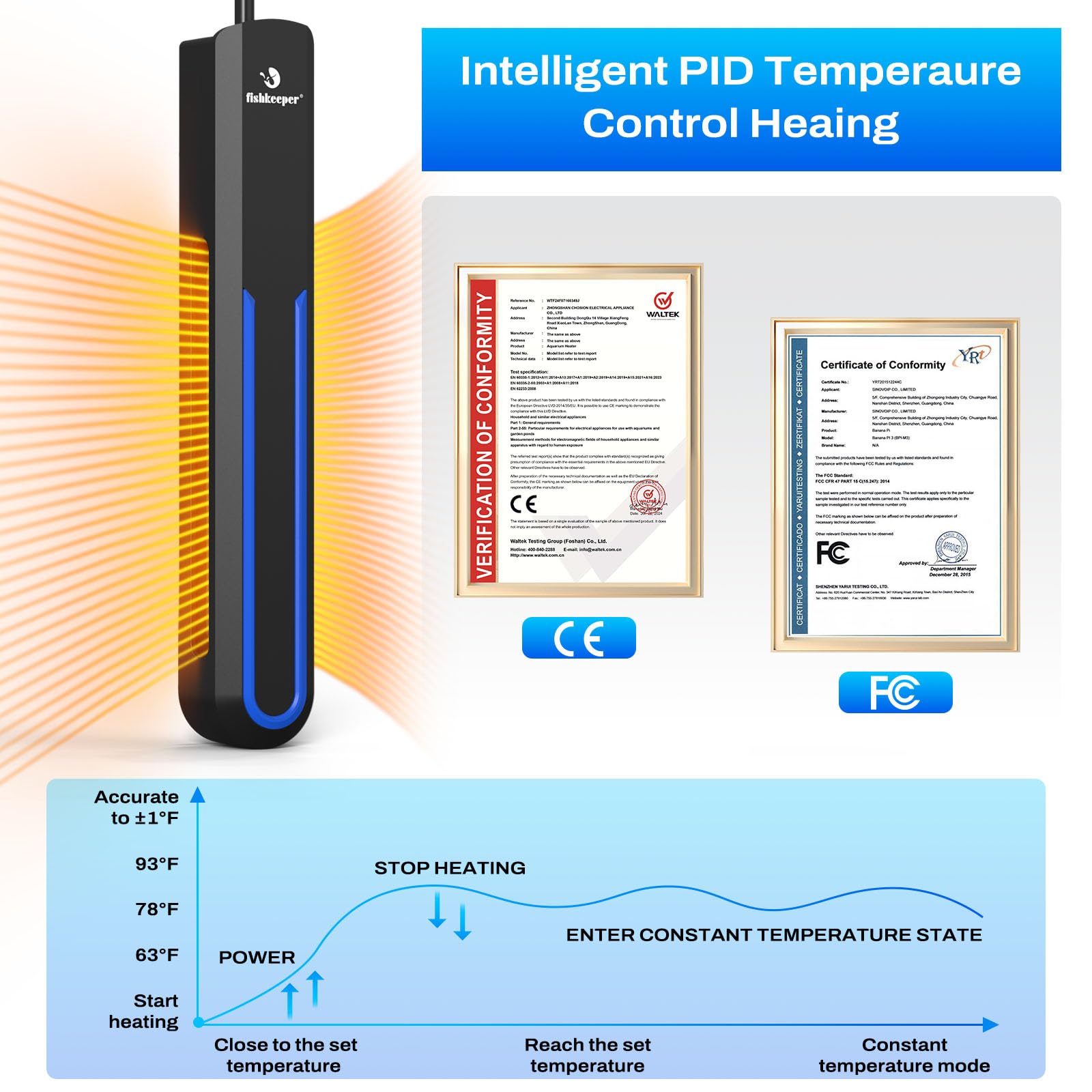 fishkeeper Aquarium-Heizung mit intelligentem LED-Alarm-Temperaturregler, 500 W tauchfähiger Aquarium-Heizstrahler für 180 - 500 Liter, lässt Wasser automatisch aufhören, für Süß- und Salzwasser