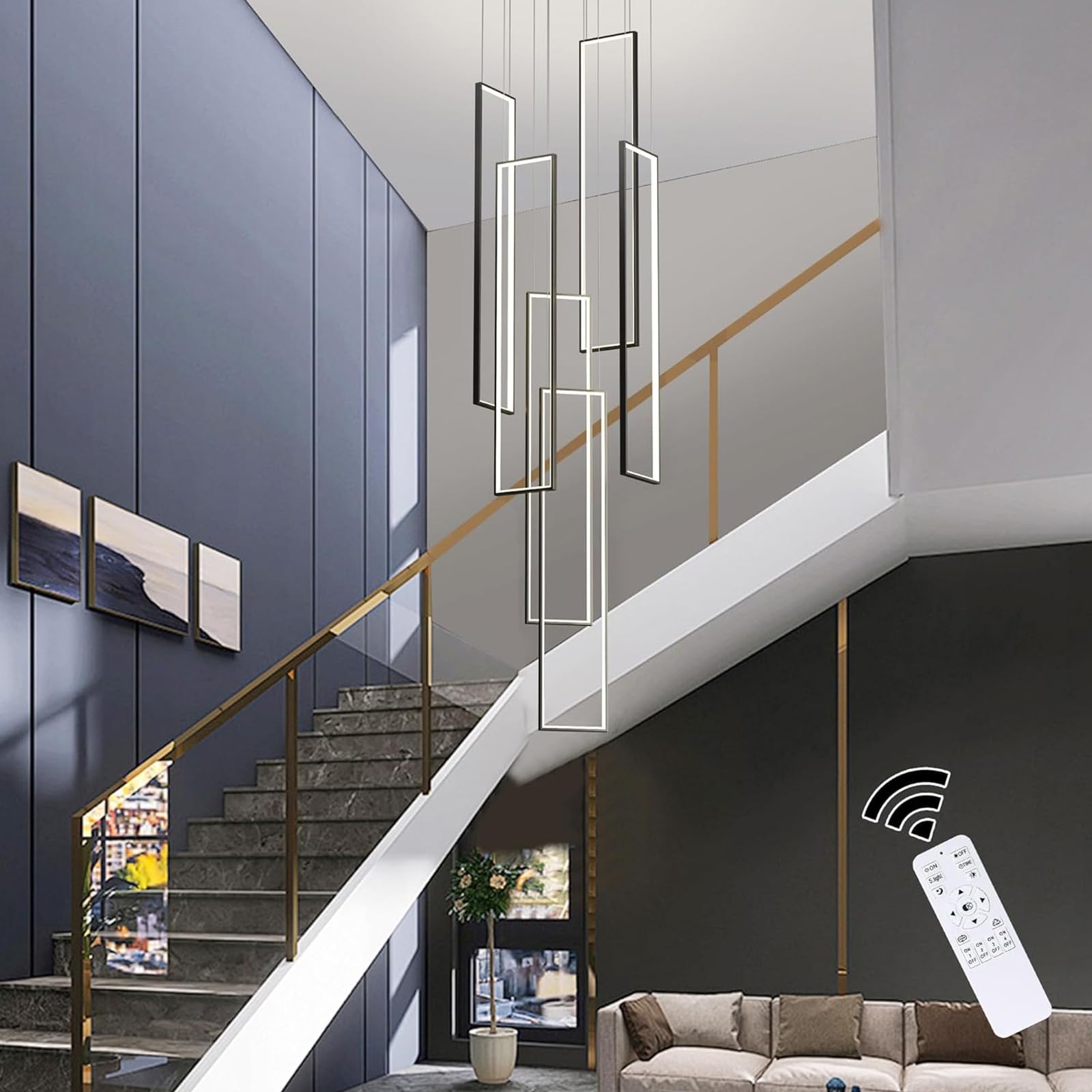 Qcyuui Lámpara de Techo LED Moderna Suspendida para Escaleras, 6 Luces Regulables, Plafón para Entrada de Chalet, Escaleras y Salones, Rectangular 90W con Mando a Distancia | Lámpara colgante rectangular con mando a distancia para villa, entrada, escalera