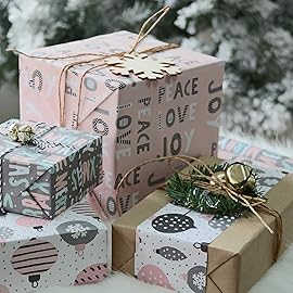 WRAPAHOLIC 30 Inch Christmas Wrapping Paper Roll - Jumbo Roll Rustic Kraft Pink and Grey Christmas Set for Holiday, Party Deco - 4 Rolls - 30 Inch x 120 Inch Per Roll