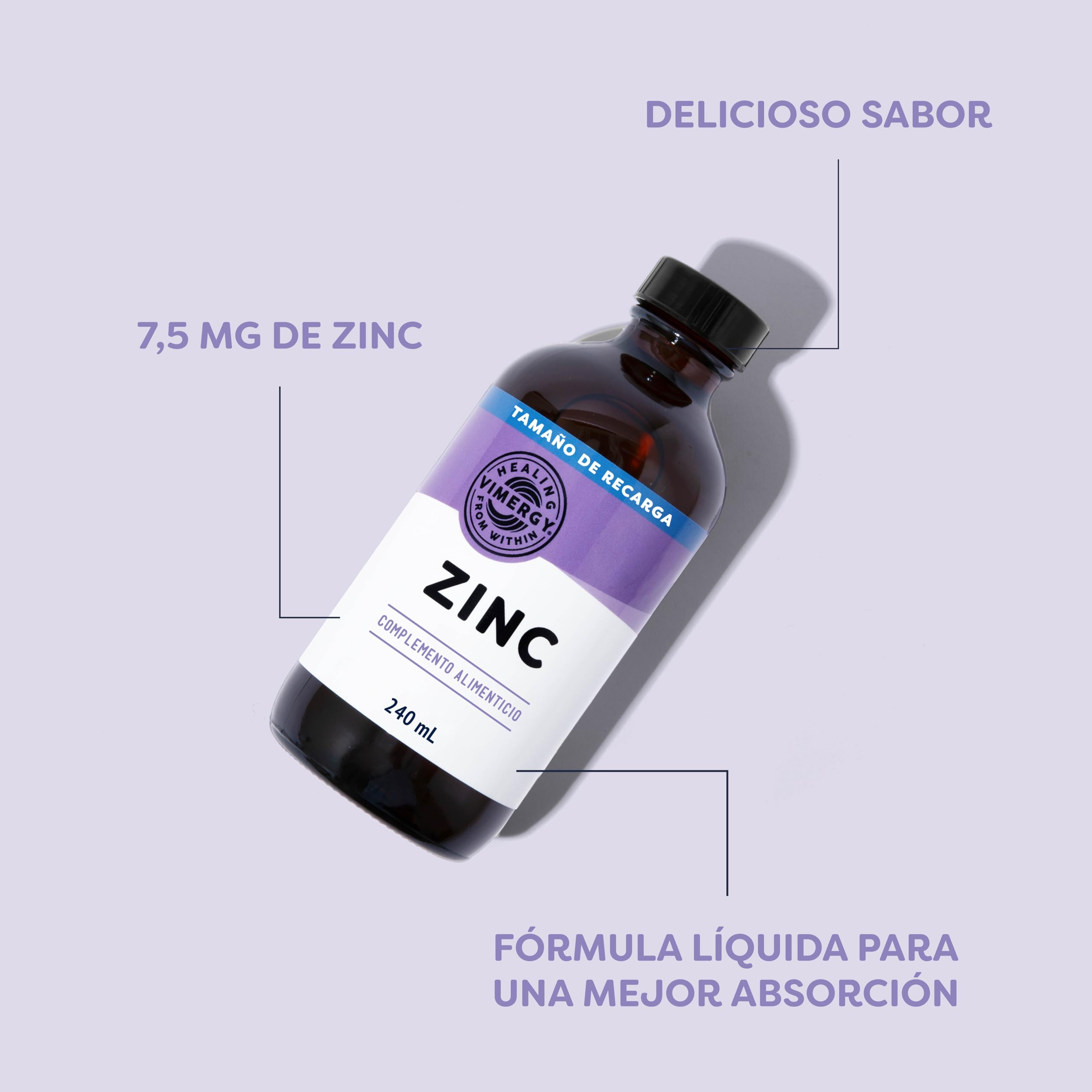 Vimergy Zinc – 240 ml, 120 Dosis – Suplemento de Zinc Líquido – Refuerza Sistema Inmunológico, Metabolismo y Huesos – Antioxidante - Sin OMG, Azúcar Refinado ni Gluten – Apta para Keto y Paleo