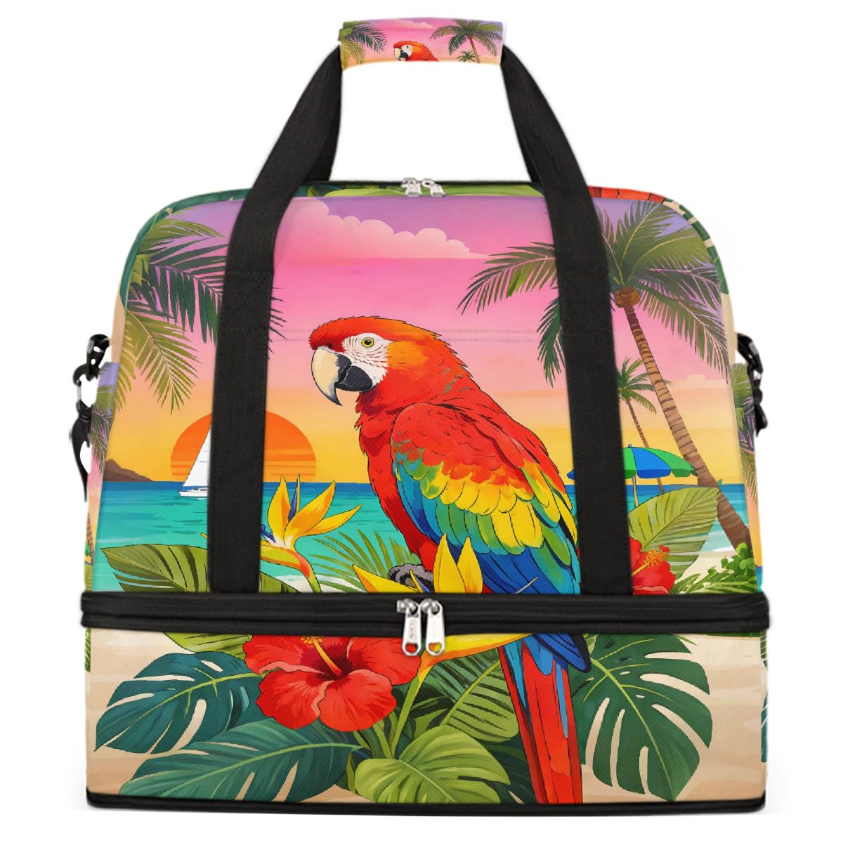 Borsone da viaggio pieghevole con motivo tropicale e ibisco, borsa da palestra espandibile con scomparto per scarpe, grande capacità, borsa da weekender, borsa da viaggio, sport, viaggi notturni