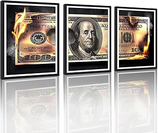 Modern Money Benjamin Franklin Canvas Wall Art Black Framed Painting 3 Panels Prints for Home Decor Living Room Bedroom Dining Office Hallway, Waterproof Indoor Use, 12x16inchx3Pcs