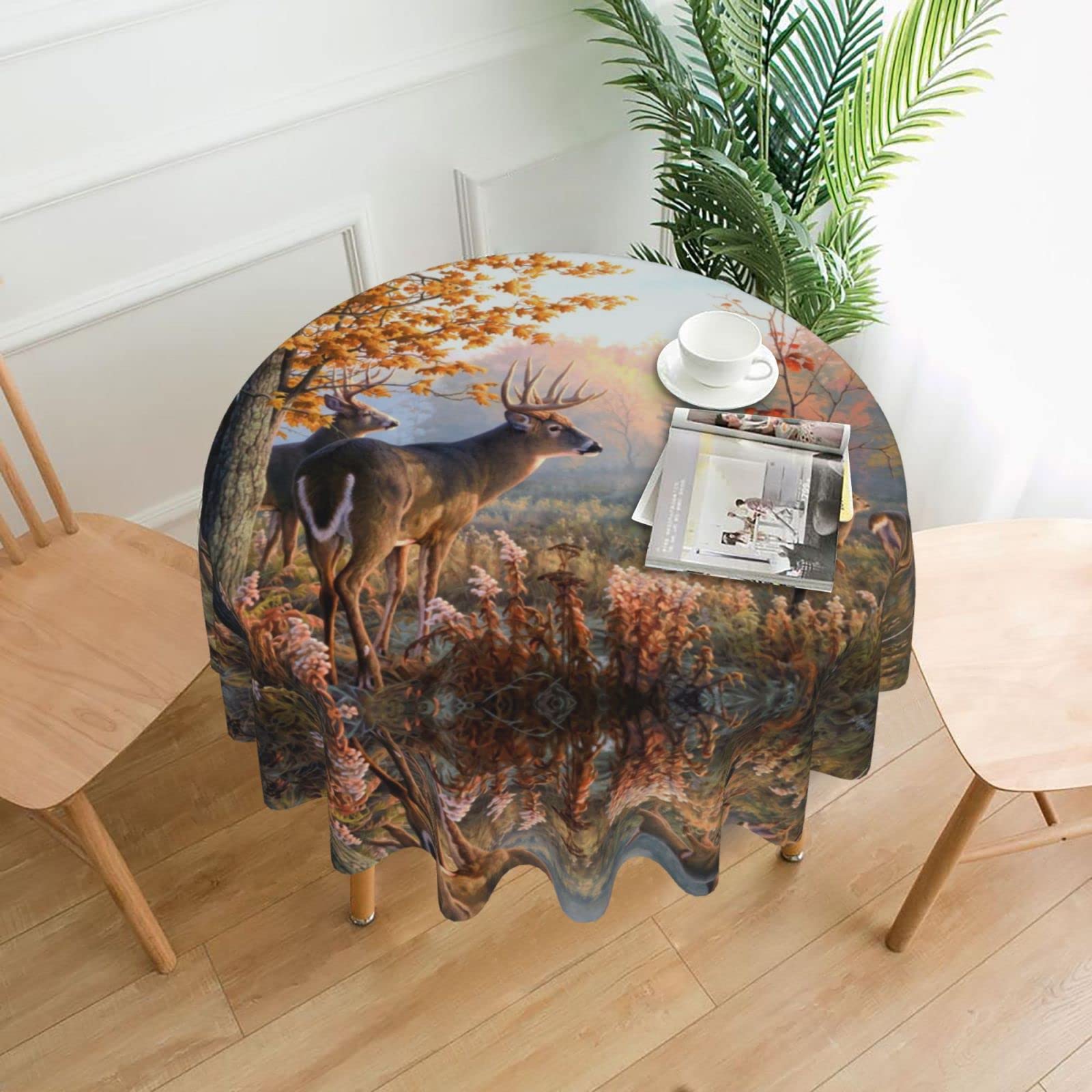 Lawenp Cute Deers Decorative Round Table Cloths - 60 Inches in Diameter for Buffet Tables, Parties, Holiday Dinners.