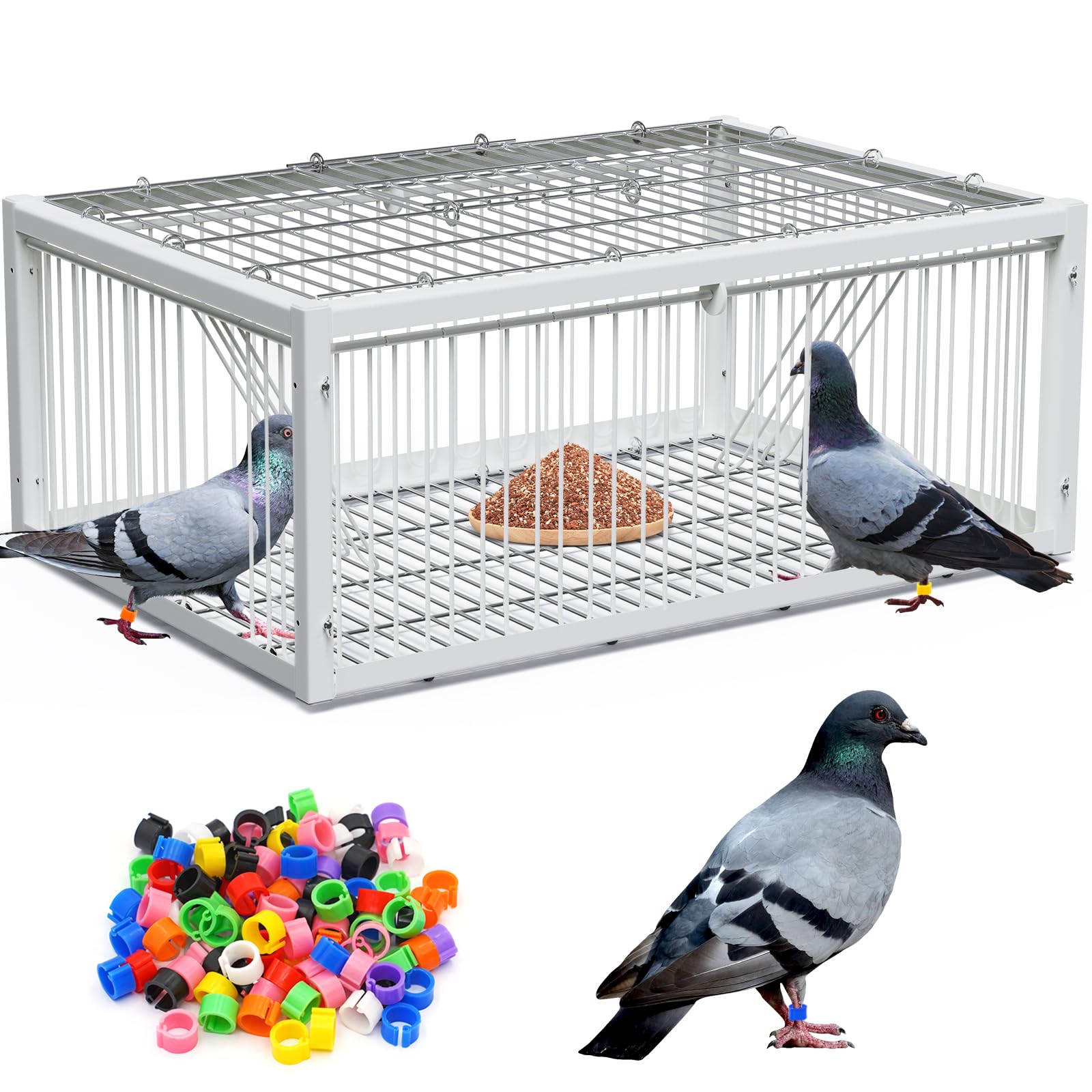 Auto Trap Pigeon Cage with 200Pcs Foot Ring Folding Pigeon Cage with One-Way Entry Four Channel Bird Trap Cage for Pigeons Parrots Chicken 64 * 44 * 26cm