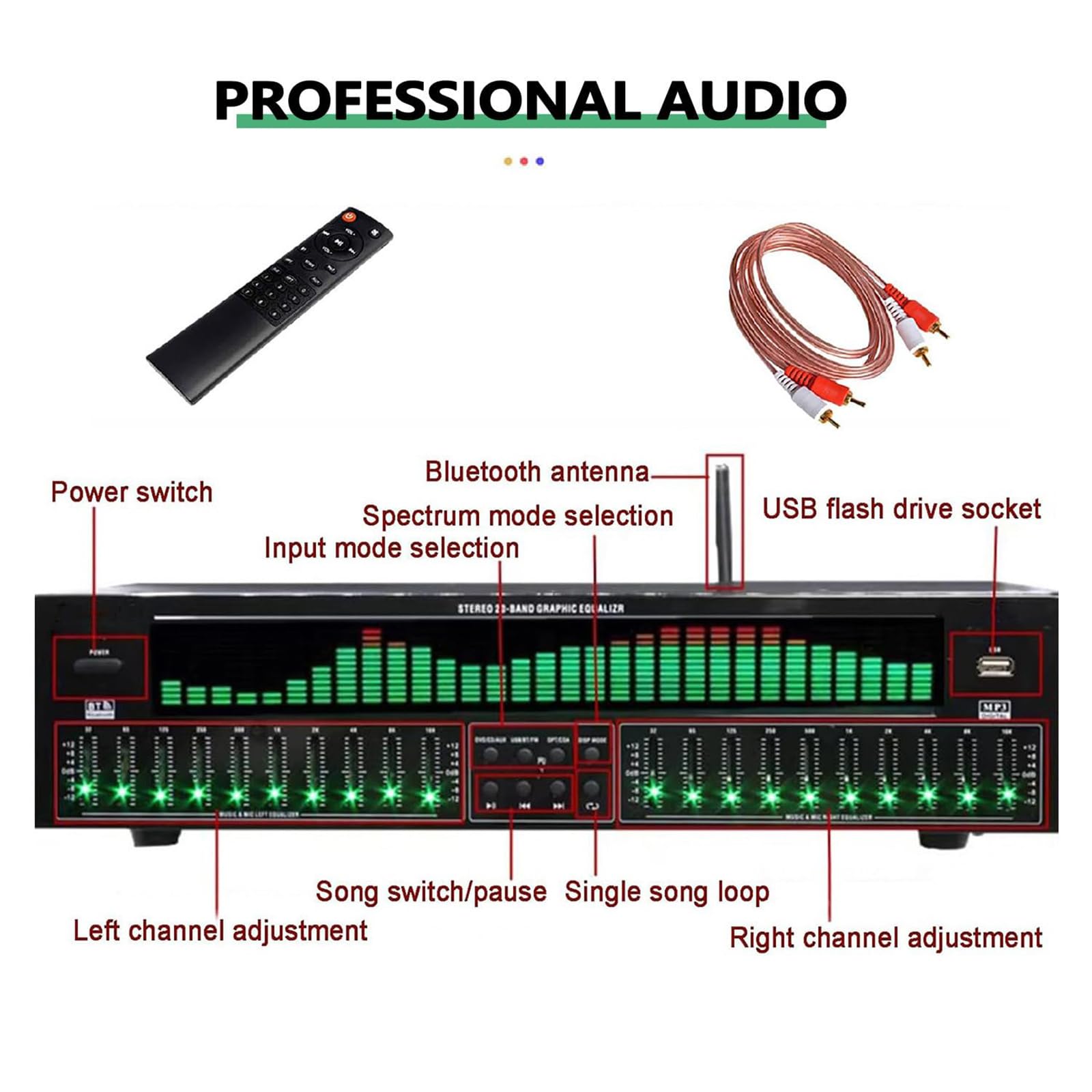 Equalizzatore Grafico Stereo a 31 Bande, 12 Pattern Ritmici, Bluetooth 5.4, con Riduzione del Rumore, per Palcoscenici, Concerti E Studi di Registrazione