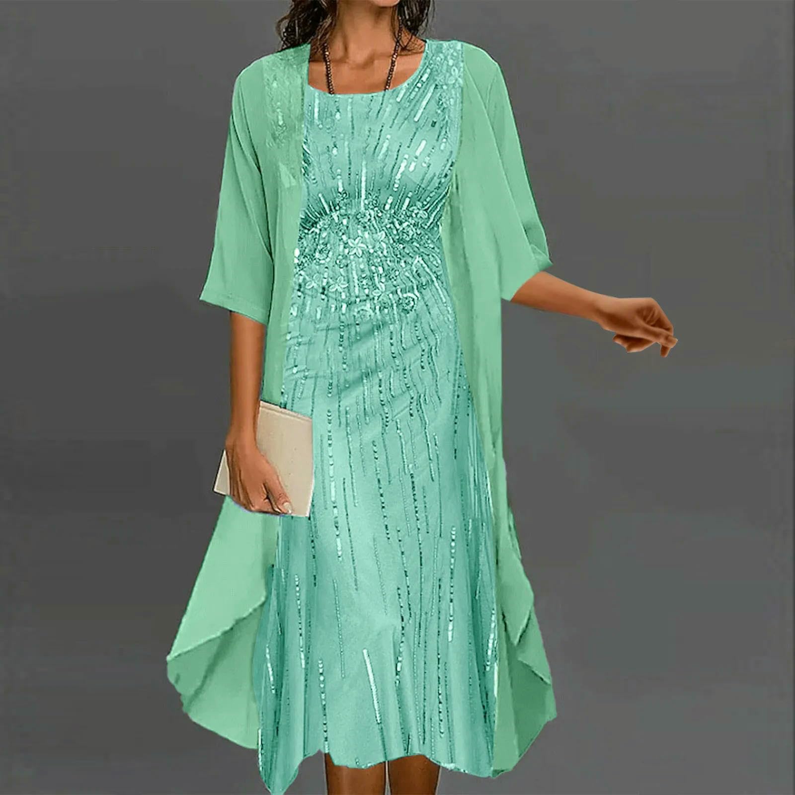 Vestiti a Maniche Lunghe Set di Abiti in Chiffon Due Pezzi Femminile, Elegante Abito con Paillettes O-saccello, da Banchetto per Feste Nozze, Vestito Sera, Abbigliamento Donna Casual Moda