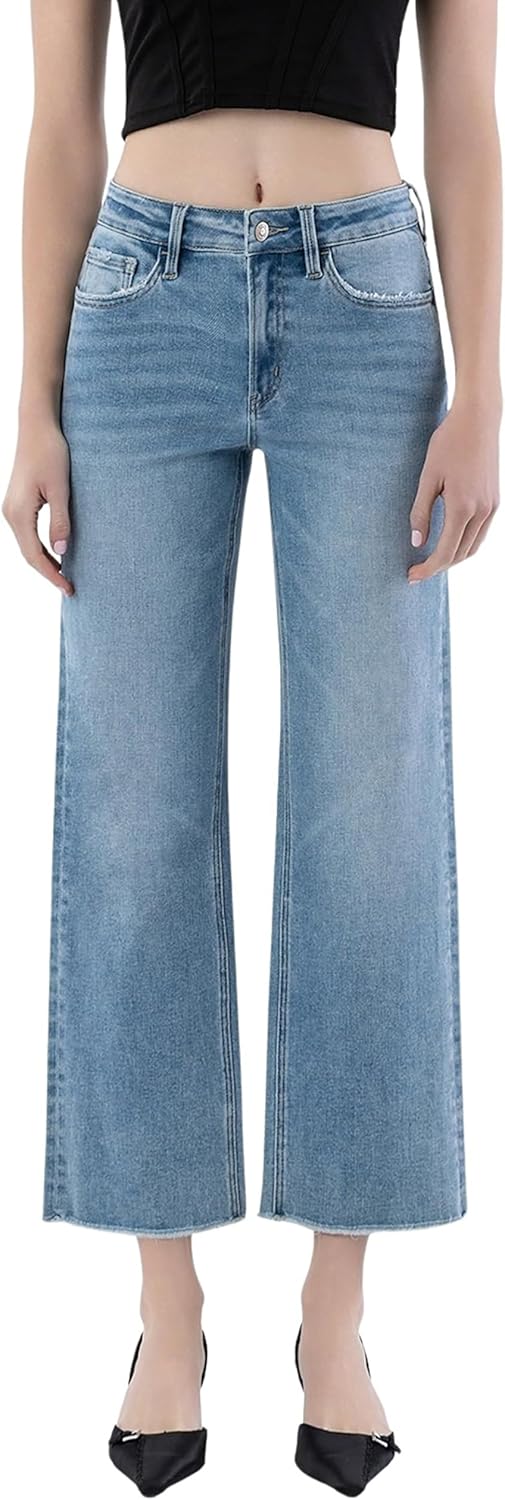 Women's Clean Cut Raw Hem Ankle Slim Wide Jeans