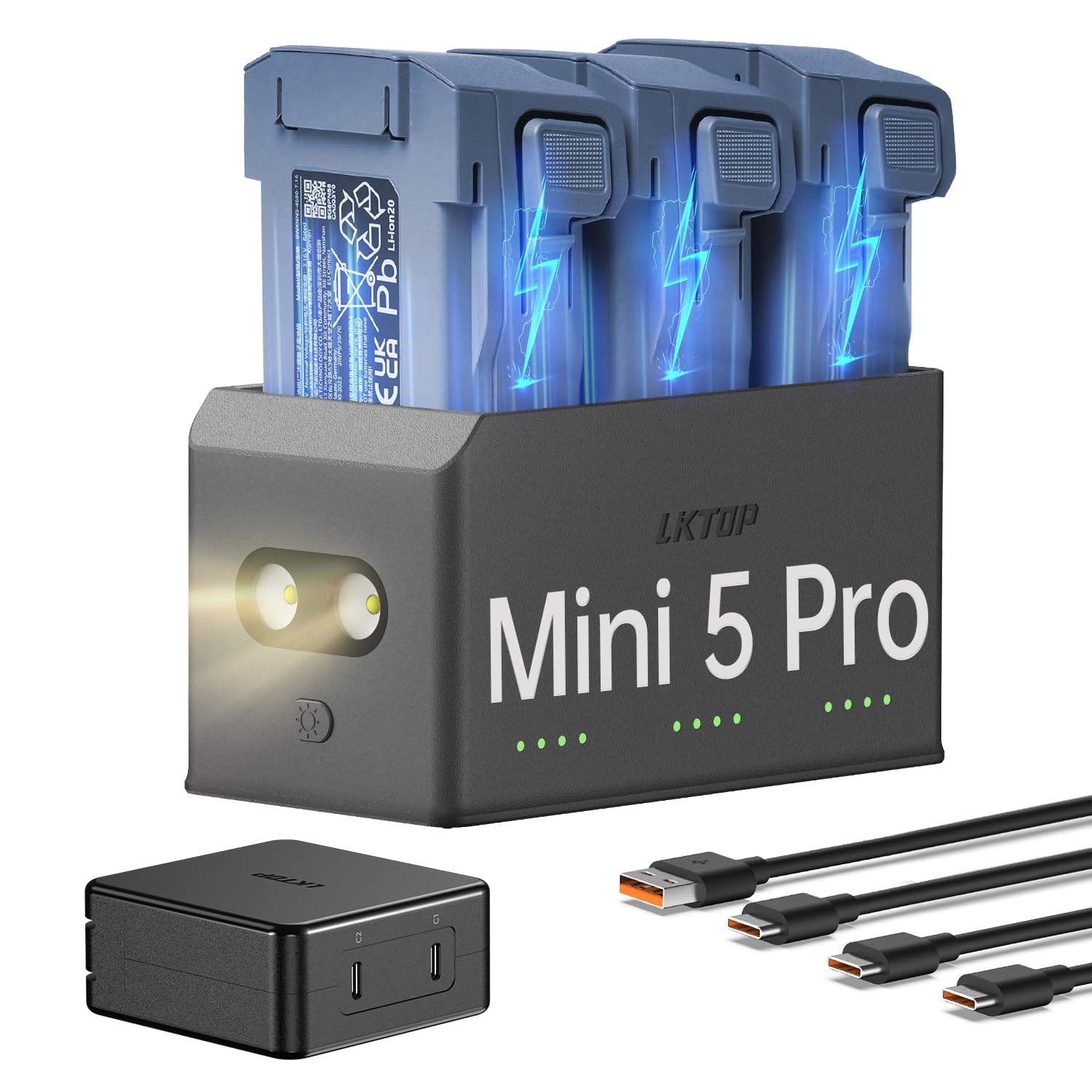 LKTOP 100W Mini 5 Pro Parallel Charging Hub Kit for DJI, Super Fast Battery Charger Hub+100W USB-C Power Adapter for DJI Mini 5 Pro Drone, with Storage LED SOS Mode (Charge 3 Batteries: 1hr 10min)
