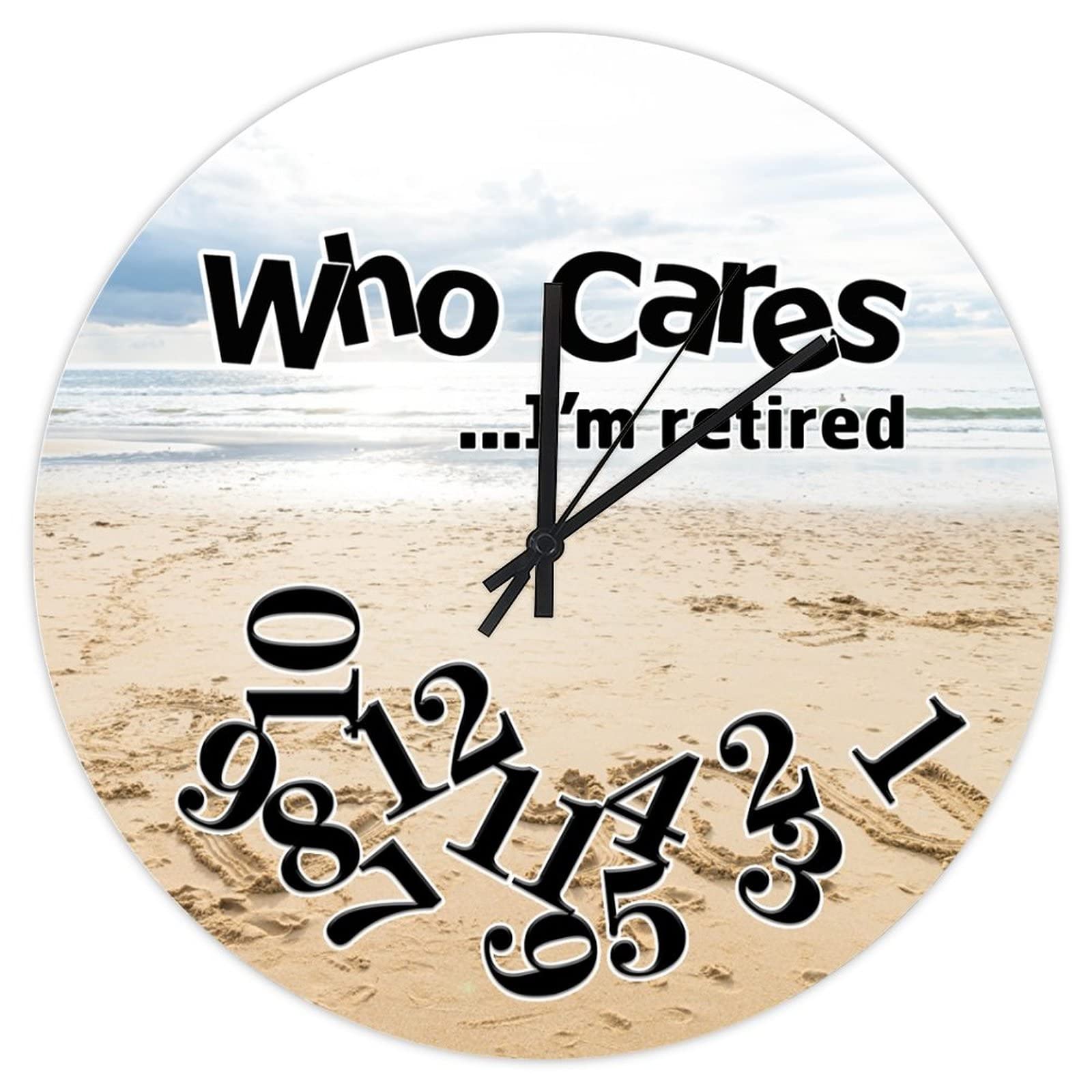HIGOSS Who Cares I am Retired Clock Who Cares I'm Retired English I Love You Beach Silent Non Ticking Round Battery Operated Wall Clock, Novelty Large Hanging Clock 12", Retirement Gift Clock