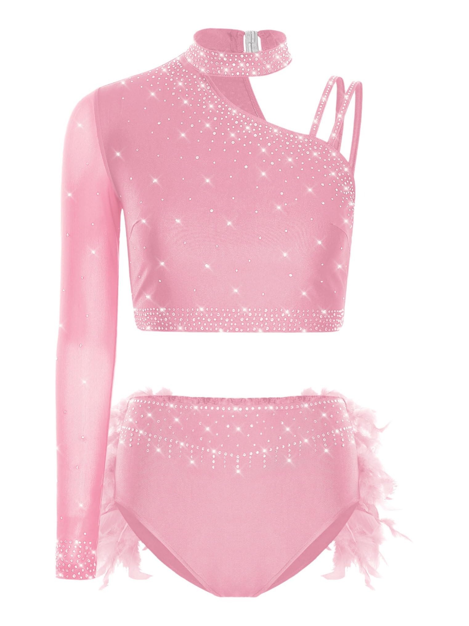 Freebily Abito da Ballo Latino Americano Donna Completo da Pattinaggio Artistico con Strass Crop Top Danza Classica Moderna Monospalla + Minigonna di Danza Dancewear